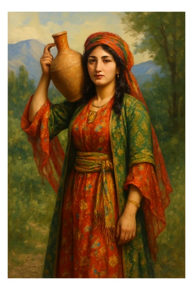 کوردی woman in traditional Kurdish dress, carrying a water jug on her shoulder, vibrant colors, authentic details, natural background sticker