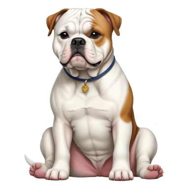 cinematic-[american bulldog]-realistic-full-body-sitting-emoji,-tail-resting-loosely-beside-its-paws,-head-tilted-dramatically,-fluffy-[colour]-fur,-simplified-yet-realistic-focused-features,-highly-detailed,-glowing-with-an-almost-sarcastic-glow sticker