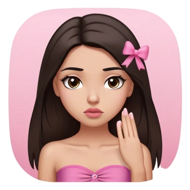 girl with lighter skin, dark brown long straight hair falling in front of her body, pouty shiny lips without cupid's bow, large eyes, lighter button nose, long oval-shaped face, wearing a pink bandeau top with straight neckline, looking directly at camera with hands down at sides sticker