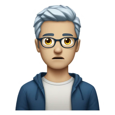Angry white boy dark blue hair with thin glasses, mouth closed, angry face sticker