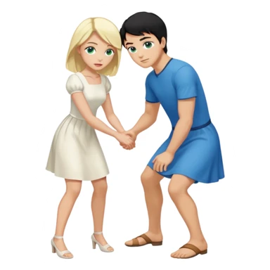 Man, black Hair, blue eyes, whole body, Woman, bending knees, blonde, green eyes, White Dress, sticker