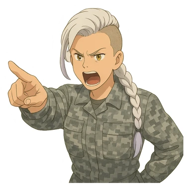 Style of Anime, 1 female, gold yellow eyes, white hair lavender tips, locks in front, mohawk, long white braid, she is a drill sergeant at work, focused facial expression, shouting command, eyes looking down in front of her, pointing a blade hand gesture to the forward direction, uniform of gray large scale digital camo sticker