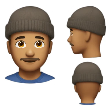 man with stubble, bangs, brown hair, beanie, t-shirt sticker