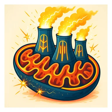 mitochondria represented as nuclear power plants, modern illustrative style inspired by updated DALL·E 3, creative details, vibrant colors, visible energy with lights and sparks, only mitochondria-nuclear power plant, light background sticker