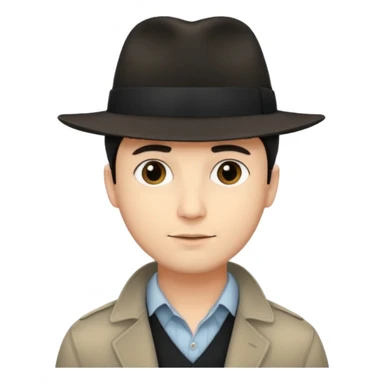 A light-skinned man with short dark hair, and a black fedora, with an oval face and calm look. sticker