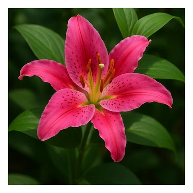realistic style vibrant pink lily flower with green leaves sticker