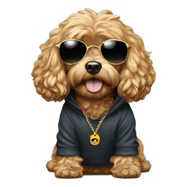 Cavapoo wearing a hoodie, gold chain and sunglasses sticker