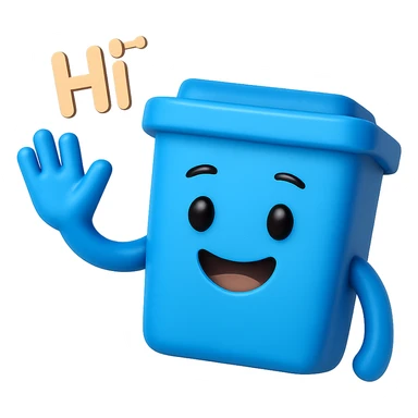 3D emoji style blue bin with a smiling face, waving and saying hi sticker