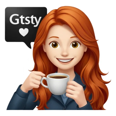 Excited long haired redhead drinking coffee with a sign in front saying GTSY sticker