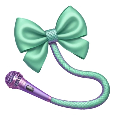 A pastel pink bow with a pastel green snake on the top of one side and a pastel purple microphone on the bottom of the other side sticker