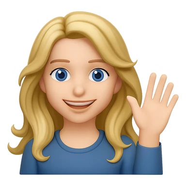 Make her eyes blue, keep her as an 18 year old girl with long, wavy, dirty blonde hair waving, emoji style, smiling, with no background sticker