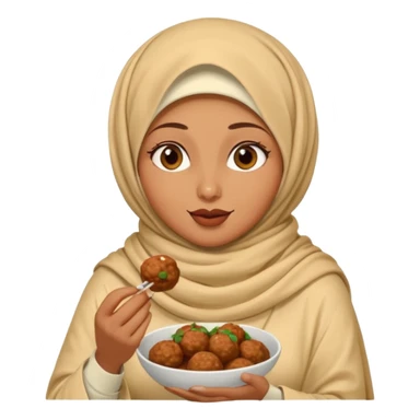 woman wearing a cream colored pashmina hijab eating meatballs sticker