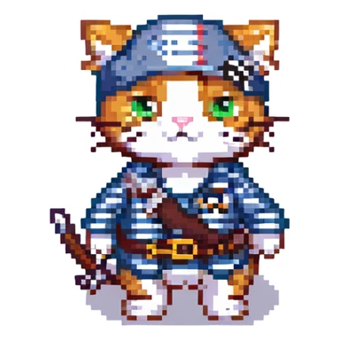 pirate cat, pixel art, striped shirt, small sword sticker