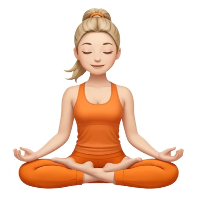 white woman with ponytail hairstyle, sitting in lotus position, eyes closed with a subtle happy smile, wearing orange yoga outfit sticker