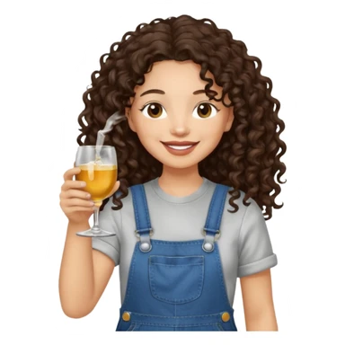 Curly haired curl with long dark brown hair and light skin in overalls toasting with alcohol  sticker