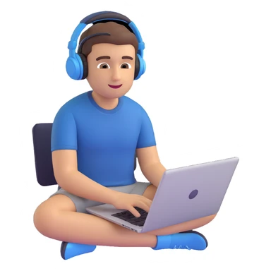 memoji of a college student, sitting with a laptop, relaxed, wearing headphones sticker