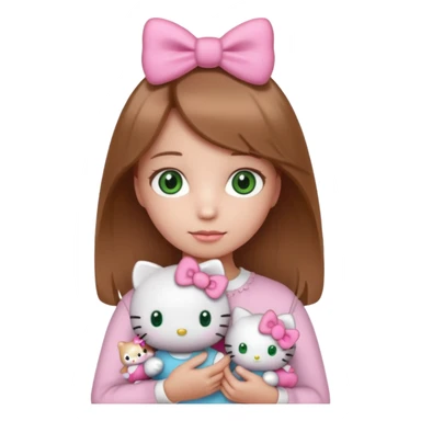 Girl with natural green eyes and light brown hair and she have a hello kitty doll with her hand sticker