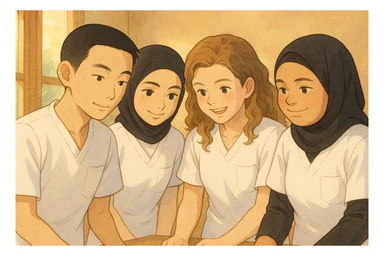 Four nursing students collaborating together in a warm and collaborative atmosphere, wearing white short-sleeve medical tunic-style tops with V-neck, no collar stand, no stethoscopes, no fabric extending from sleeves, no buttons, and a left chest pocket. Represent all four students together with a soft Ghibli-inspired background. sticker