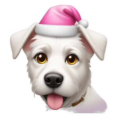 A white dog with a pink Santa hat sticker
