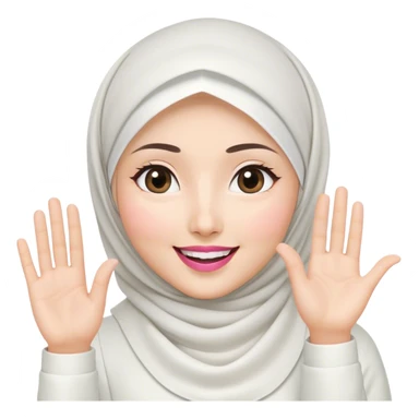 Asian white woman hijab, her hijab color is white, her face is small oval, her face is firm, her lips are pink, her eyes is shining, her face looks happy and excited, her eyes are also smiling, her outfit color is white. Generate emoji that show a half of her body and her gesture waving hand sticker