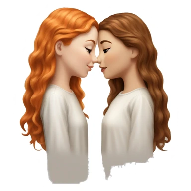serene two white girls. one has wavy brunette hair and the other has natural soft orange hair delicate fringe. standing together kissing in gentle light. calm and content. hyper-realistic soft textures fine details glow on skin sticker