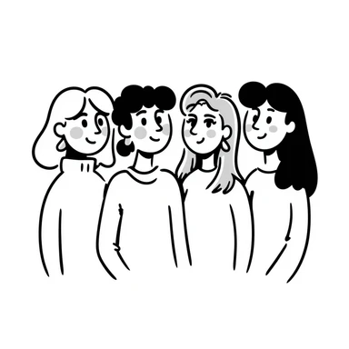 portrait of four young 25-year-old female friends up to waist, drawing style, no bangs, all with middle part hair. Chubby blonde with cheeks, slim brunette, normal weight blonde with wavy hair, slim brunette with very long hair. Light background, smiling expressions. sticker