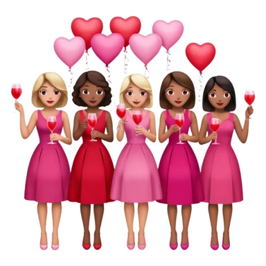 galentines party : they wea red and pink dresses, hold pink and red heart balloons and pink cocktails in their hands, there is a blond girl, a brunette, an asian, and a brown skin girl sticker