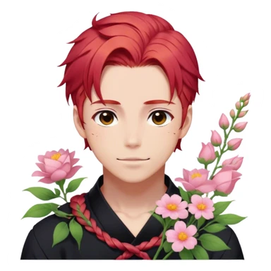 red hair with a thin braid on the side anime style handsome sexy gojo guy with blushing face and flowers aesthetic trending style outside sticker