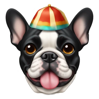 Black-and-tan French bulldog wearing a clown hat sticker