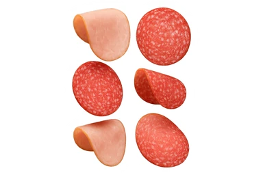 fettine di prosciutto cotto e di salame fluttuano in aria verticalmente, IPERREALISTICA 4K sticker