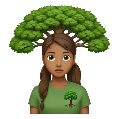 Make a zumba coach emoji, brown eyes, brown hair girl, green shirt withe "the roots" on it, longer pony tail hair, add the tree logo for the roots sticker