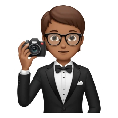 Un fotógrafo con pelo moreno, gafas, cámara en la mano derecha, fotografiando una boda sticker