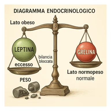 Diagramma endocrinologico in italiano: bilancia con leptina (verde) e grelina (rossa). Lato obeso: etichetta 'Lato obeso', leptina in eccesso, bilancia bloccata, pesi rotti con la scritta 'Peso'. Lato normopeso: etichetta 'Lato normopeso', equilibrio perfetto, grelina normale. Tutte le scritte interne sono in italiano. Illustrazione clinica, dettagliata, 4K. Style: endocrinologico, medical illustration, detailed. sticker