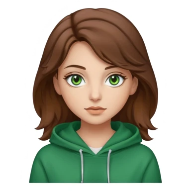 A girl with green eyes brown slightly wavy hair nice makeup and a hoodie  sticker