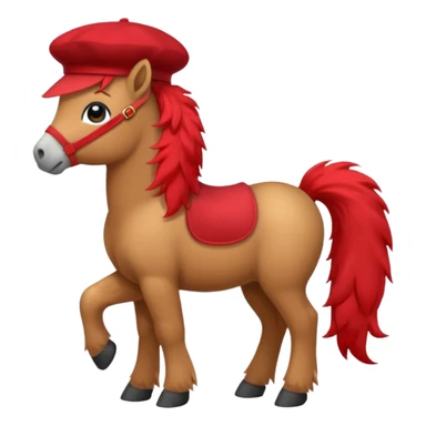 A cute pony (horse) emoji, full body, standing in side view, wearing a stylish red beret. sticker