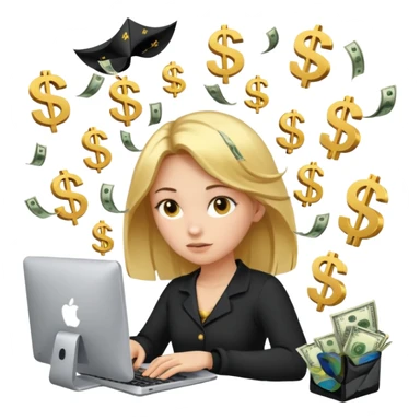 Girl who is trading options on her computer with $ signs in air sticker