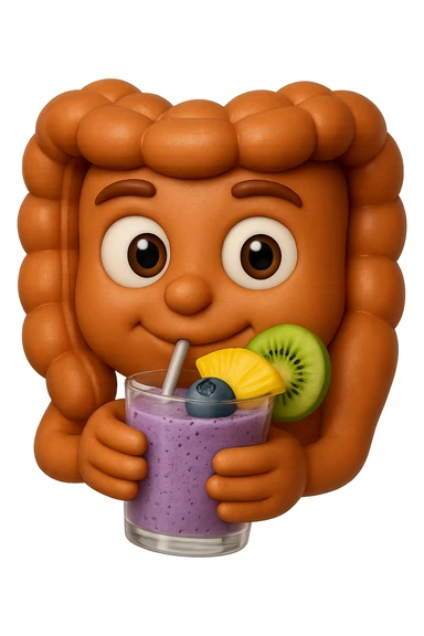 EMOJI STILE IPHONE DI un intestino umano anatomico che beve un frullato di mirtilli, ananas, kiwi, fagli anche la parte bianca degli occhi, non solo le pupille, REALISTICo 4K sticker