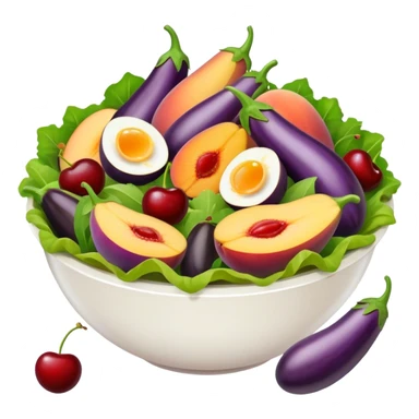 Salad in a salad bowl with only eggplants, cherries and peaches. sticker