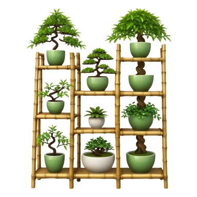 Twisted bamboo shelving unit with bonsai plants and decorative items sticker
