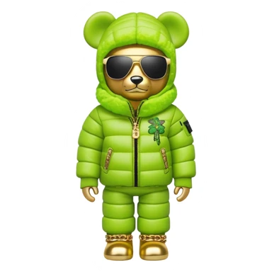 bearbrick figure with lime green grafitti-covered balaclava, voluminous puffer jacket with fur trim, single-piece wrap-around sunglasses, heavy gold chains, luxury streetwear style sticker