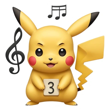 cute Pikachu Pokémon, flat style, rounded expressive face, yellow and black colors, musical note accent, no 3D or shading sticker