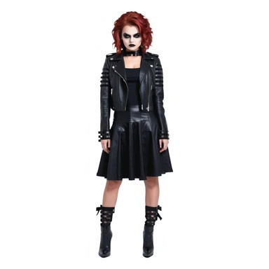 Chucky's bride wearing a black dress and black leather jacket, with dark makeup sticker