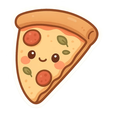 chibi slice of pizza with a cute face and blushing cheeks sticker