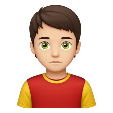 A portrait of a 14-year-old boy, he's got dark-brown hair, luight brownish skin and green hazel eyes. he's wearing a red t-sirt with yellow sleeves. sticker