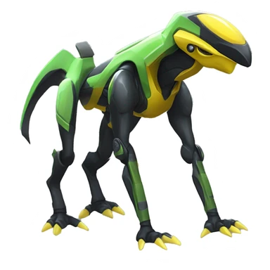 a shiny black-yellow-green Genesect-Raptor-Fakémon—hybrid with a futuristic visor-helmet full body sticker