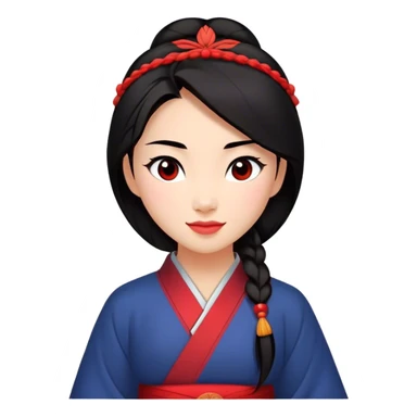 Cinematic Radiant Mulan Portrait Emoji, rendered in a realistic, vector-style with clean proportions. Show Mulan with a soft, confident smile, warm skin, and expressive eyes, her dark hair styled simply, and dressed in traditional clothing with understated red accents. The image radiates a gentle, luminous glow and high shine, accentuated by a soft glowing outline. sticker