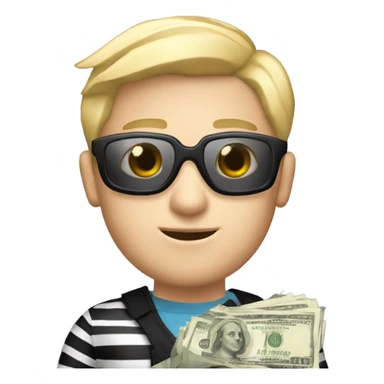 Blonde male, peach colored skin, black and white striped goggles, black and white striped clothing, and holding a bag of money sticker