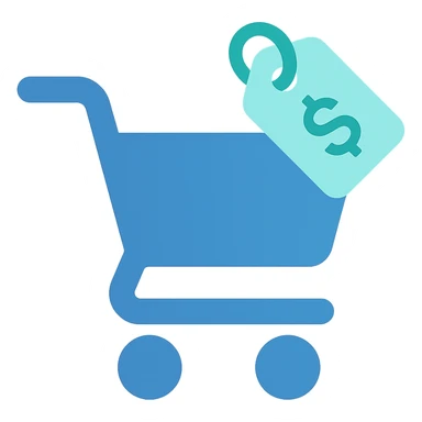 Shopping cart with a price tag, flat emoji style, outline with blue and turquoise colors sticker