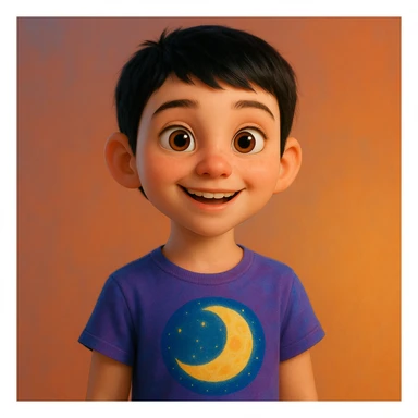 Pixar style young girl with very short black hair, white skin, wearing a t-shirt with a moon design sticker