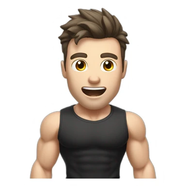 amazed In shock Open with surprise mouth Pale skinned Fit Man With the biceps and dark brown hair in black shirt, gray sports shorts and white Sneakers sticker
